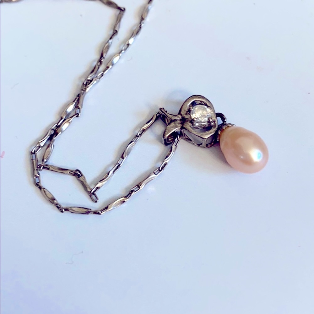 Dainty Freshwater Blush Pearl on Braided Silver Chain Necklace ft. Crystal